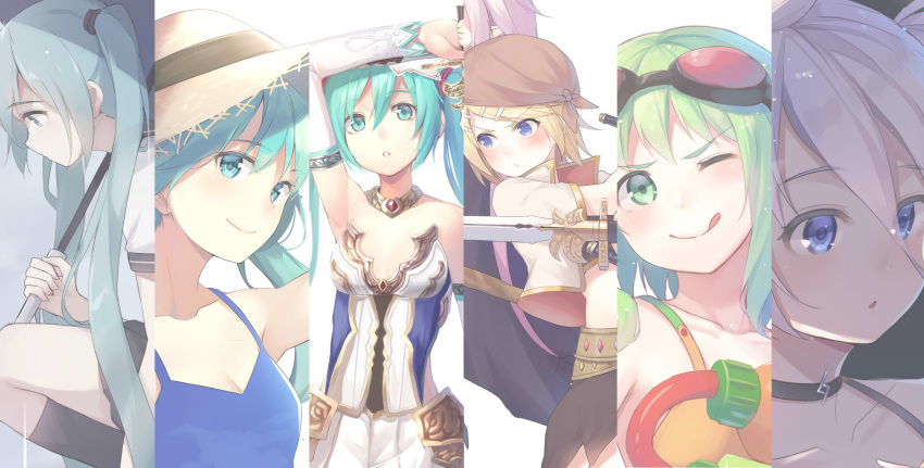 6+girls ;p alexmaster blonde_hair breasts character_request choker cleavage goggles goggles_on_head green_eyes green_hair gumi hat hatsune_miku highres ia_(vocaloid) multiple_girls one_eye_closed swimsuit tongue tongue_out vocaloid