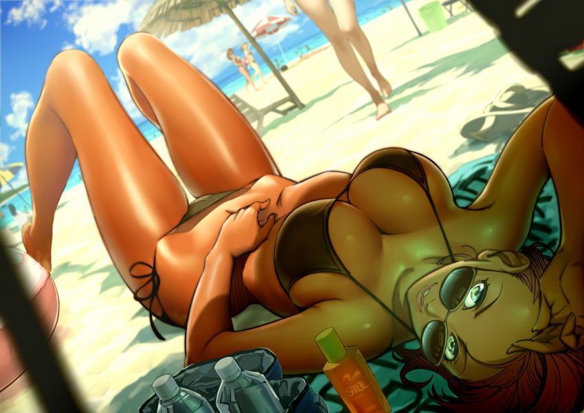 5girls barefoot beach beach_chair beach_towel beach_umbrella bikini black_bikini blue_eyes blue_sky blush bottle breasts brown_hair clouds flip-flops from_behind glasses green_eyes hand_on_own_forehead hand_on_own_stomach hip_bones knees_up legs looking_at_viewer lotion lotion_bottle lying multiple_girls navel ocean on_back original outdoors parted_lips ribs sandals sandals_removed shade shadow side-tie_bikini sky smile solo_focus sunglasses swimsuit tan twinpoo umbrella water_bottle