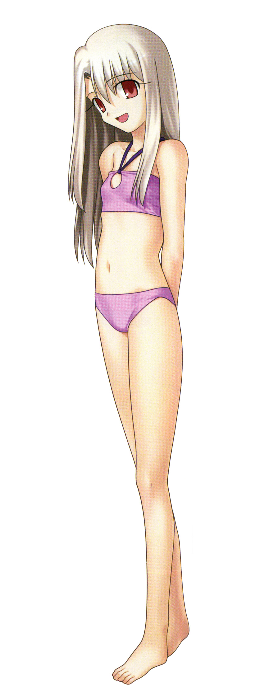 1girl absurdres arms_behind_back bikini fate/stay_night fate_(series) highres illyasviel_von_einzbern looking_at_viewer navel official_art open_mouth purple_bikini red_eyes small_breasts solo swimsuit transparent_background white_hair
