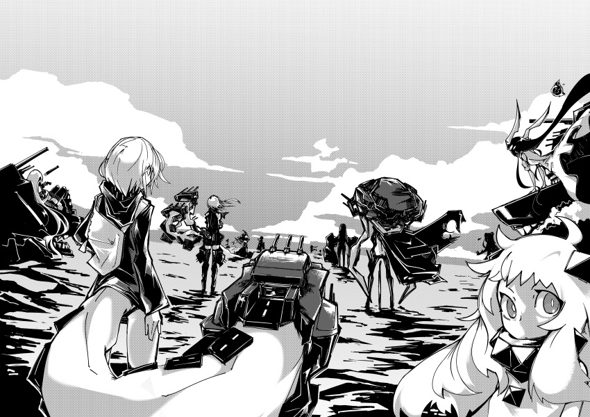 aircraft_carrier_water_oni anchorage_water_oni back_turned cannon cape deel_(rkeg) destroyer_hime from_behind highres kantai_collection light_cruiser_oni looking_at_viewer monochrome ne-class_heavy_cruiser northern_ocean_hime re-class_battleship ru-class_battleship shinkaisei-kan standing standing_on_water white_hair wo-class_aircraft_carrier