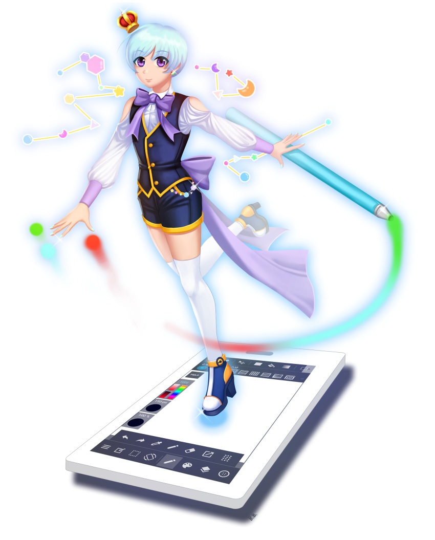 absurdres bare_shoulders blue_hair bong_bong crescent crown earrings hexagon high_heels highres jewelry neck_ribbon original personification ribbon short_hair short_shorts shorts smile sparkle standing_on_one_leg star stylus tablet_pc thigh-highs triangle vest violet_eyes