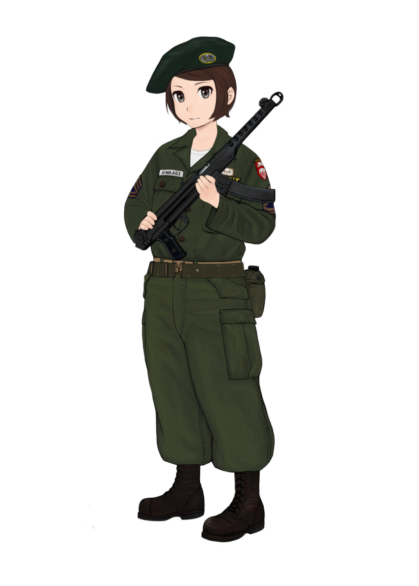 belt beret boots canteen gun hat highres komii military military_uniform paratrooper pps-43 submachine_gun uniform us_army weapon