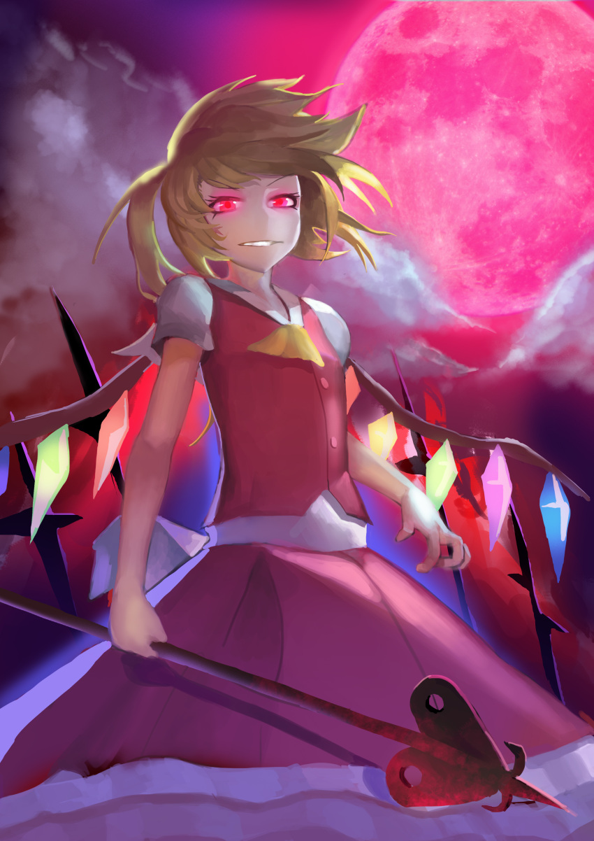 1girl absurdres backlighting blonde_hair clouds enoch_(lsy1478963) flandre_scarlet full_moon glowing glowing_eyes grin highres holding laevatein looking_at_viewer moon moonlight night no_hat parted_lips red_moon red_skirt short_hair short_sleeves side_ponytail skirt skirt_set smile smirk solo touhou wings