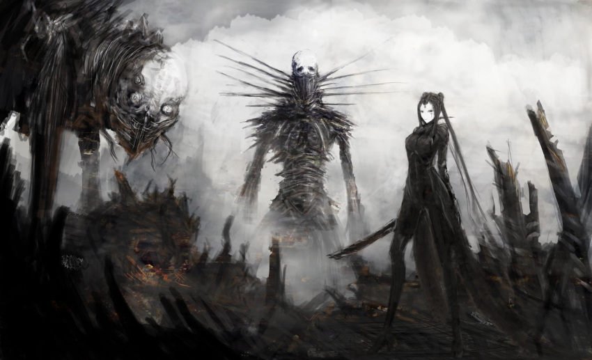 1girl auto black_hair blame! blon clouds cloudy_sky commentary davine_lu_linvega long_hair looking_at_viewer pcell ruins silicon_creature sky standing sword weapon