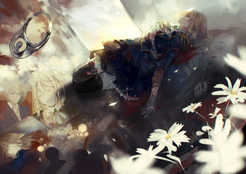 1boy 1girl ascot backlighting blonde_hair blood blood_on_face bloody_clothes bou_shaku death dutch_angle flower frilled_skirt frills laughing light_particles multiple_persona original shinjitsu_no_buryoku skirt smile thigh-highs uniform