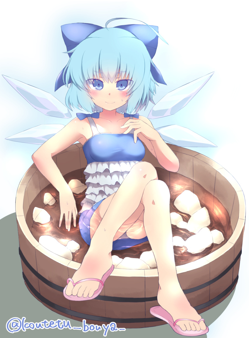 1girl alternate_costume blue_eyes blue_hair blush bow bucket cirno crossed_legs dress flip-flops full_body gradient gradient_background hair_bow hair_ornament hair_ribbon highres ice ice_wings in_bucket in_container koutetu_bouya looking_at_viewer partially_submerged ribbon sandals shirt short_hair sitting skirt sleeveless smile solo sweat touhou twitter_username water wings