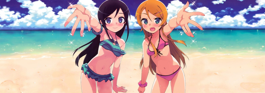 2girls aragaki_ayase beach bikini kousaka_kirino looking_at_viewer ore_no_imouto_ga_konna_ni_kawaii_wake_ga_nai smile
