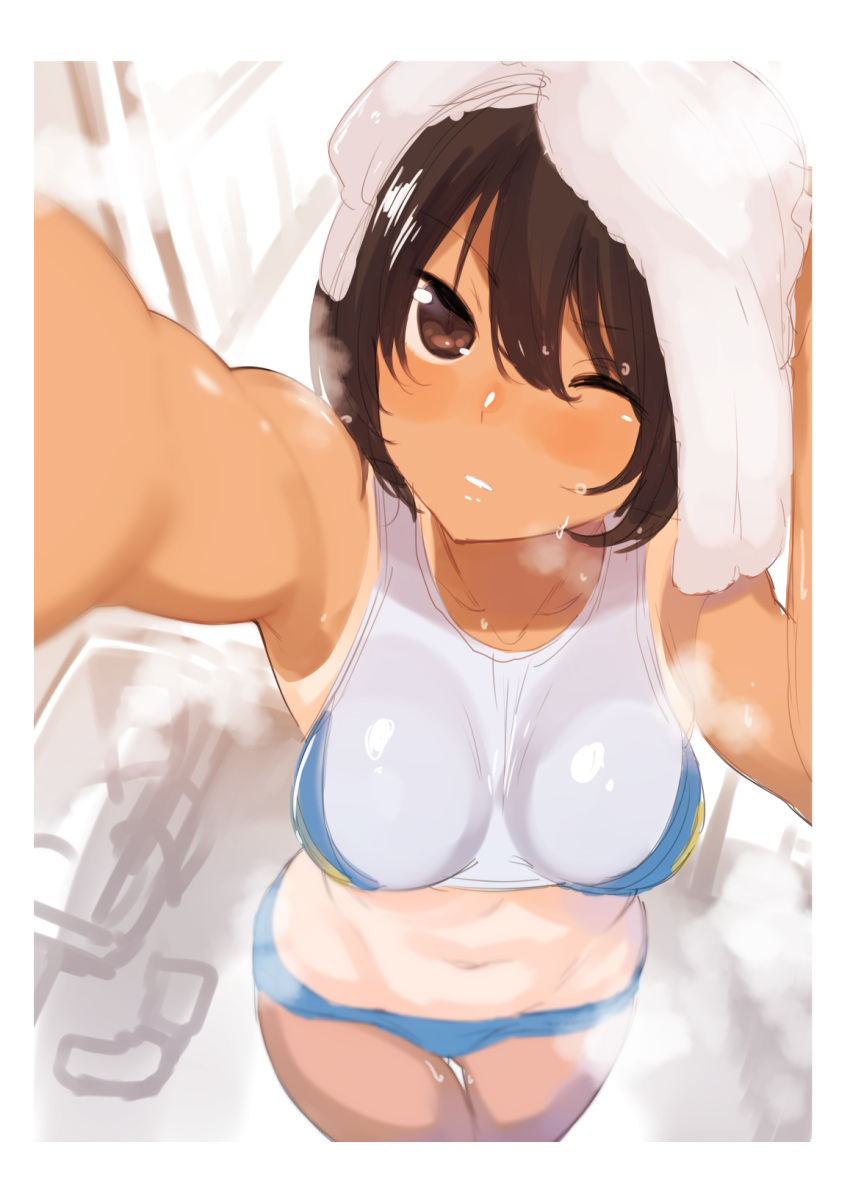 1girl highres short_hair solo tan towel towel_on_head