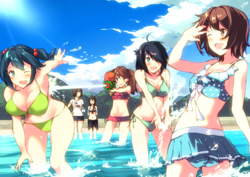 6+girls bikini bikini_skirt black_hair blue_hair brown_hair furutaka_(kantai_collection) hyuuga_(kantai_collection) kako_(kantai_collection) kantai_collection long_hair multiple_girls one_eye_closed ryuujou_(kantai_collection) sahuyaiya sarong shigure_(kantai_collection) short_hair souryuu_(kantai_collection) swimsuit t-shirt twintails water_gun