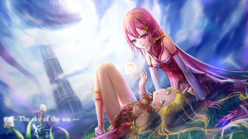 2girls blonde_hair detached_sleeves dungeon_and_fighter long_hair multiple_girls pink_eyes pink_hair pointy_ears wangchuan_de_quanyan yellow_eyes