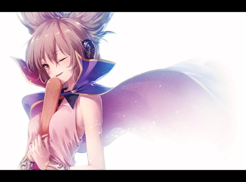 1girl brown_hair cape earmuffs highres ibuki_notsu letterboxed looking_at_viewer one_eye_closed ritual_baton short_hair simple_background smile solo touhou toyosatomimi_no_miko white_background