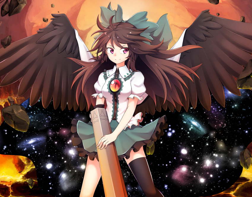 1girl ahoge arm_cannon bird_wings black_legwear black_wings bow breasts brown_hair cape cowboy_shot feathered_wings galaxy green_skirt hair_bow long_hair looking_to_the_side miniskirt nogisaka_kushio puffy_short_sleeves puffy_sleeves reiuji_utsuho shirt short_sleeves single_thighhigh skirt smile solo spread_wings thigh-highs third_eye touhou violet_eyes weapon white_shirt wings