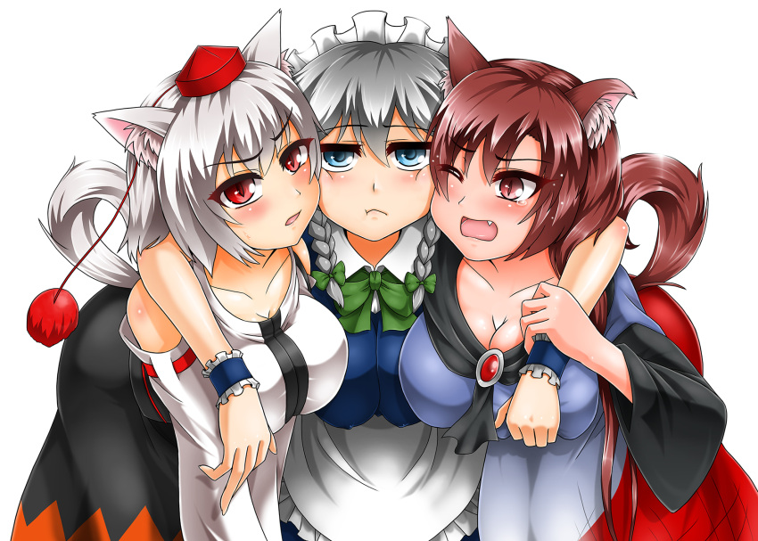 3girls :&lt; animal_ears blue_eyes blush braid breasts brooch brown_hair cleavage collarbone detached_sleeves dress fang hand_on_breast hat highres imaizumi_kagerou inubashiri_momiji izayoi_sakuya jewelry large_breasts long_hair long_sleeves looking_at_viewer maid maid_headdress multiple_girls one_eye_closed open_mouth red_eyes ribbon short_hair silver_hair simple_background tail tears tokin_hat touhou twin_braids white_background wolf_ears wolf_tail yazuki_gennojou