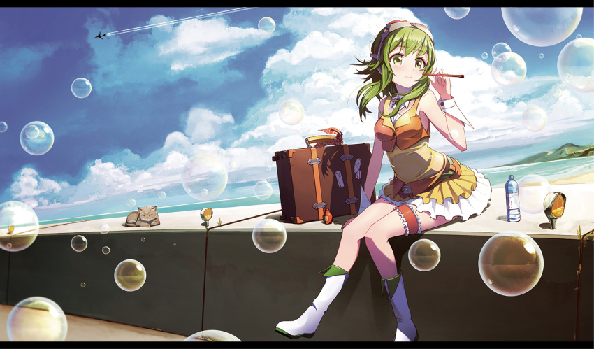 1girl 2015 airplane bangs bare_shoulders beach belt blue_sky boots bottle bubble bubble_blowing cat clouds concrete condensation_trail detached_collar detexted english frills goggles goggles_on_head green_eyes green_hair gumi horizon knees_together_feet_apart layered_skirt letterboxed looking_afar looking_to_the_side ocean on_wall outdoors pleated_skirt pomon_illust shirt short_hair sitting skirt sky sleeveless sleeveless_shirt smile solo thigh_strap vocaloid wall water_bottle watermark web_address wrist_cuffs