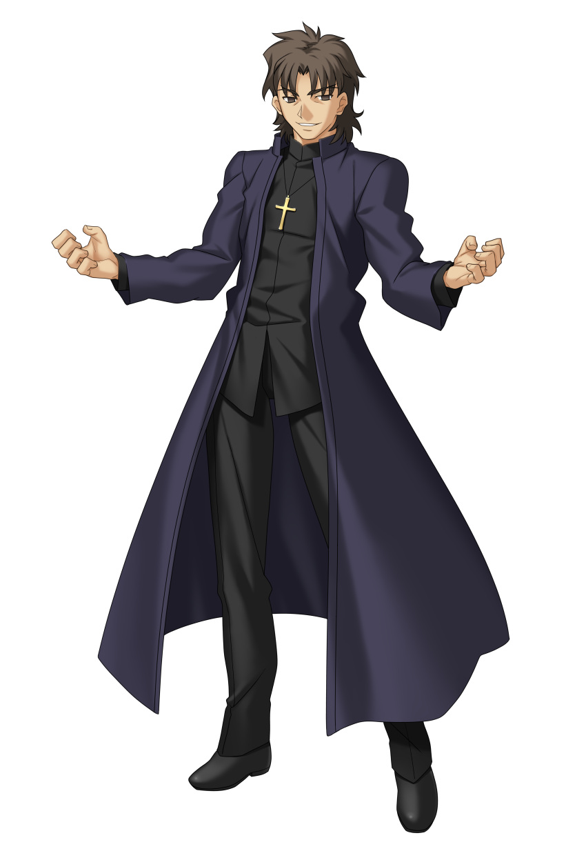 1boy absurdres brown_eyew brown_hair cross cross_necklace fate/stay_night fate_(series) highres kotomine_kirei official_art priest smile solo takeuchi_takashi transparent_background