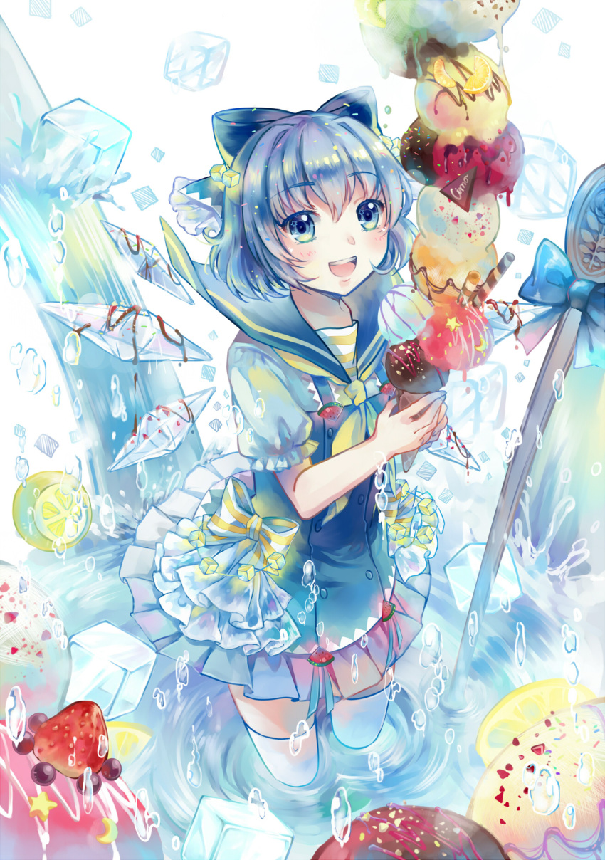 1girl blue_eyes blue_hair bow chocolate cirno dress ekira_nieto food fruit hair_bow highres ice ice_cream_cone partially_submerged ripples sailor_collar short_hair smile solo strawberry thigh-highs touhou water wings