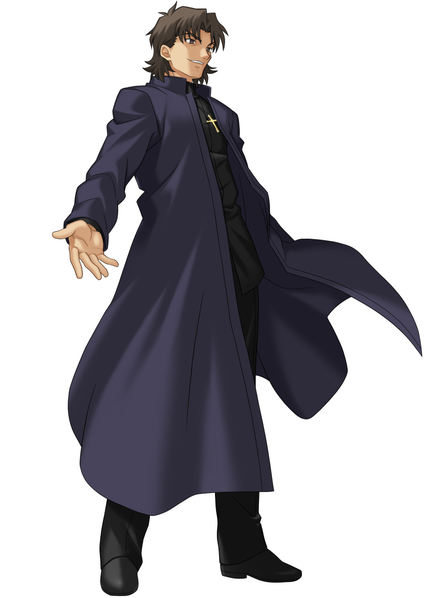 1boy absurdres brown_eyew brown_hair cross cross_necklace fate/stay_night fate_(series) highres kotomine_kirei priest smile solo transparent_background