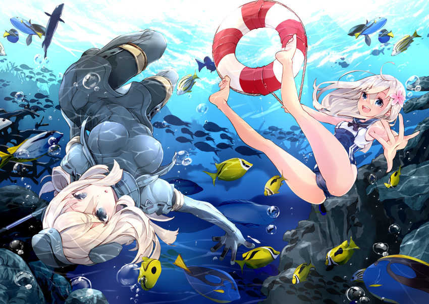 218 2girls blonde_hair blue_eyes crop_top cropped_jacket dual_persona fish flower garrison_cap hair_flower hair_ornament hat kantai_collection lifebuoy long_hair military military_uniform multiple_girls one-piece_tan puffy_sleeves ro-500_(kantai_collection) sailor_collar school_swimsuit swimsuit swimsuit_under_clothes tan tanline u-511_(kantai_collection) underwater uniform