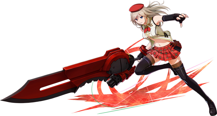 1girl alisa_ilinichina_amiella blue_eyes breasts fingerless_gloves gloves god_eater god_eater_2:_rage_burst god_eater_burst hat huge_weapon open_mouth project_x_zone silver_hair sword thigh-highs transparent_background under_boob weapon