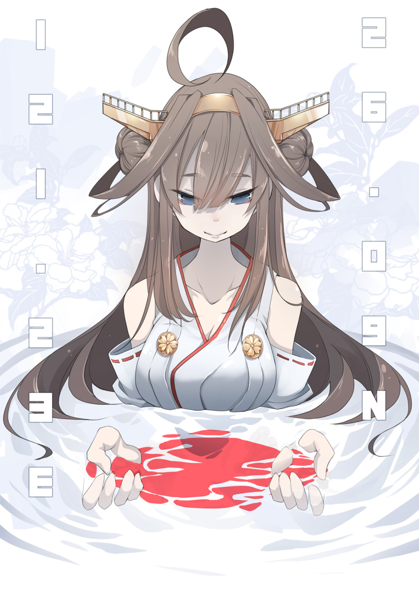 1girl ahoge bare_shoulders blue_eyes breasts brown_hair cleavage detached_sleeves double_bun headgear highres in_water kantai_collection kongou_(kantai_collection) long_hair nontraditional_miko smile tansuke