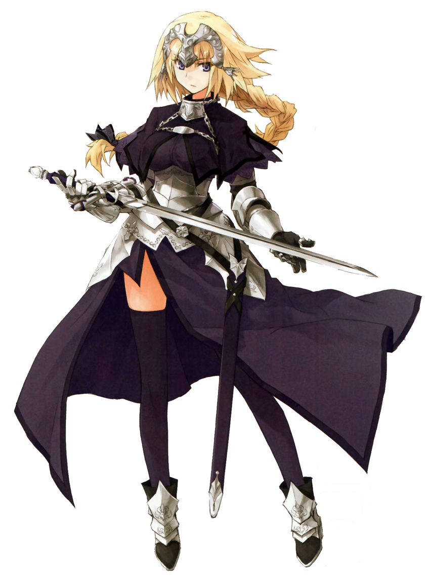 1girl absurdres armor armored_dress blonde_hair blue_eyes braid crown fate/apocrypha fate_(series) highres holding_sword holding_weapon konoe_ototsugu long_hair looking_at_viewer official_art ruler_(fate/apocrypha) solo transparent_background