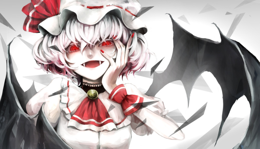 1girl ascot bat_wings evil_smile fangs gradient gradient_background hand_on_own_face hat hat_ribbon looking_at_viewer mob_cap nail_polish open_mouth puffy_sleeves ram_(ramlabo) red_eyes remilia_scarlet ribbon short_hair short_sleeves smile solo touhou upper_body wings wrist_cuffs