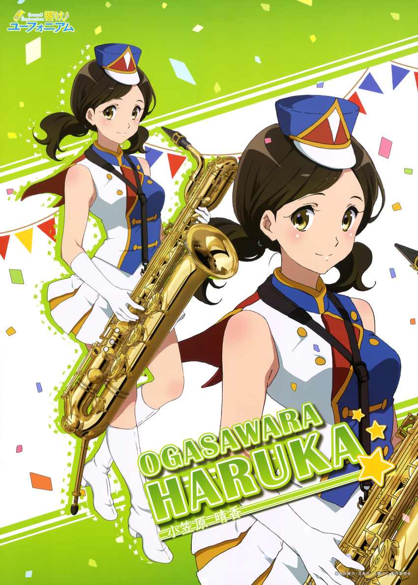 1girl absurdres band_uniform boots brown_eyes brown_hair confetti hat hibike!_euphonium highres instrument legs official_art ogasawara_haruka saxophone short_twintails smile solo twintails