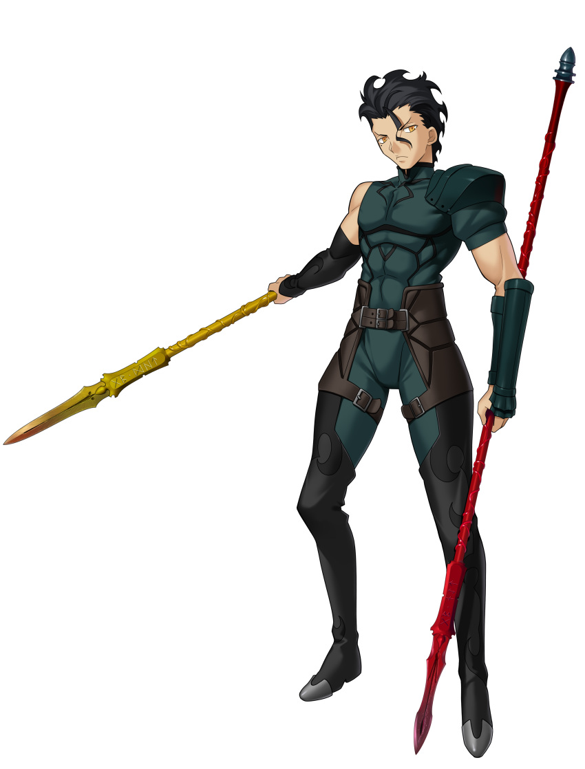 1boy absurdres black_hair fate/zero fate_(series) highres holding_weapon lance lancer_(fate/zero) official_art polearm solo transparent_background weapon yellow_eyes