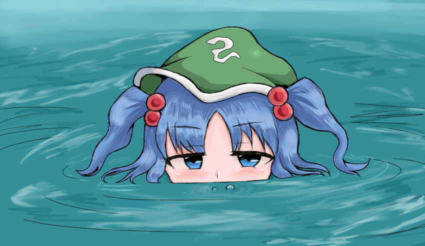 1girl absurdres blue_eyes blue_hair blush bubble bubble_blowing hair_bobbles hair_ornament hat highres kawashiro_nitori looking_at_viewer partially_submerged short_hair short_twintails solo submerged touhou twintails two_side_up wading water