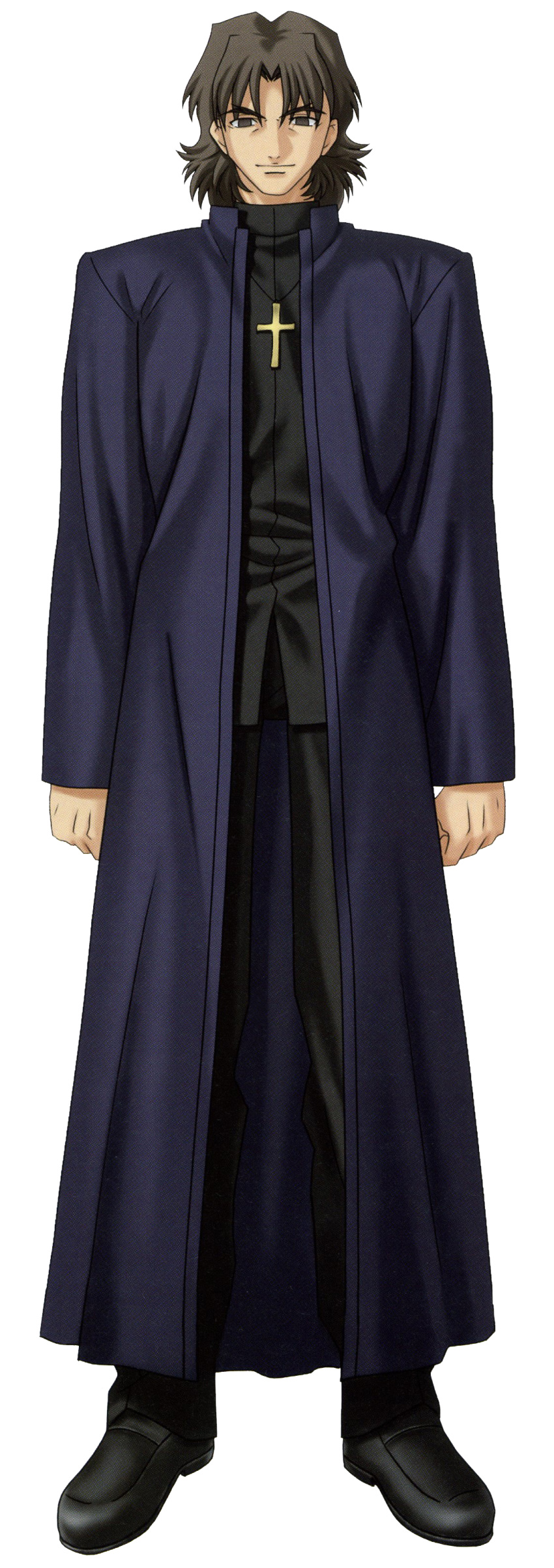 1boy absurdres brown_eyes brown_hair cross cross_necklace fate/stay_night fate_(series) highres kotomine_kirei looking_at_viewer official_art priest smile solo transparent_background