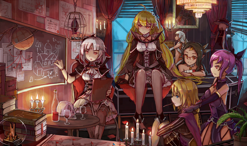 blonde_hair blue_eyes book breasts candle chalkboard commentary_request glasses hands_on_another's_shoulders hat long_hair multiple_girls pantyhose pixiv_fantasia pixiv_fantasia_fallen_kings purple_hair red_eyes short_hair sitting skull spark_(sandro) very_long_hair
