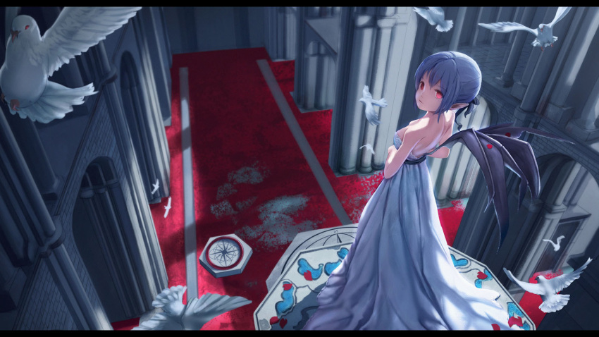 1girl alternate_hairstyle bare_arms bare_shoulders bat_wings bird building carpet dress hair_ribbon highres interior long_dress looking_at_viewer petals pointy_ears pupil_g purple_hair red_eyes remilia_scarlet ribbon short_hair solo touhou white_dress wings