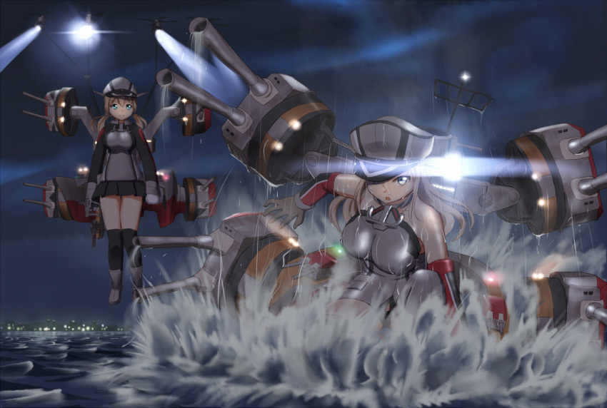 2girls bare_shoulders bismarck_(kantai_collection) blonde_hair blue_eyes crossover detached_sleeves gloves hair_ornament hat helicopter kantai_collection long_hair maku_ro military military_hat military_uniform multiple_girls night ocean open_mouth pacific_rim peaked_cap prinz_eugen_(kantai_collection) skirt splashing twintails uniform water