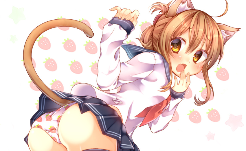 1girl ahoge animal_ears ass black_skirt brown_eyes brown_hair cat_ears cat_tail chihio folded_ponytail food_themed_clothes from_behind inazuma_(kantai_collection) kantai_collection kemonomimi_mode long_hair long_sleeves looking_back neckerchief open_mouth panties pleated_skirt ponytail print_panties school_uniform serafuku skirt solo strawberry_panties strawberry_print tail underwear