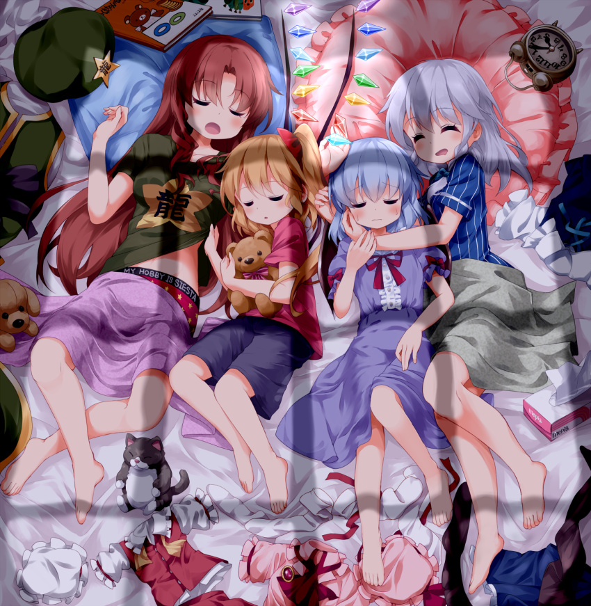 4girls :d :o ^_^ ^o^ adapted_costume alarm_clock alternate_costume assisted_exposure asymmetrical_hair bare_legs barefoot bed_sheet beret black_shorts blanket blonde_hair blue_hair blush book bow braid brooch cat clock closed_eyes closed_mouth clothes_on_floor clothes_writing commentary_request contemporary crystal demon_wings dress flandre_scarlet from_above full_body gem glowing green_bow green_hat green_shirt hair_bow hat hat_removed headwear_removed highres holding hong_meiling izayoi_sakuya jewelry lifted_by_another mob_cap multiple_girls no_legwear open_mouth panties parted_lips pillow purple_dress rainbow_order red_bow red_panties red_ribbon red_shirt red_vest redhead remilia_scarlet revision ribbon ruby_(stone) ruu_(tksymkw) shirt shirt_lift shirt_removed short_sleeves shorts side_ponytail sleeping smile star striped striped_bow striped_shirt sunlight sweatdrop t-shirt tissue tissue_box touhou twin_braids underwear vertical-striped_shirt vertical_stripes vest_removed white_hat white_shirt wings
