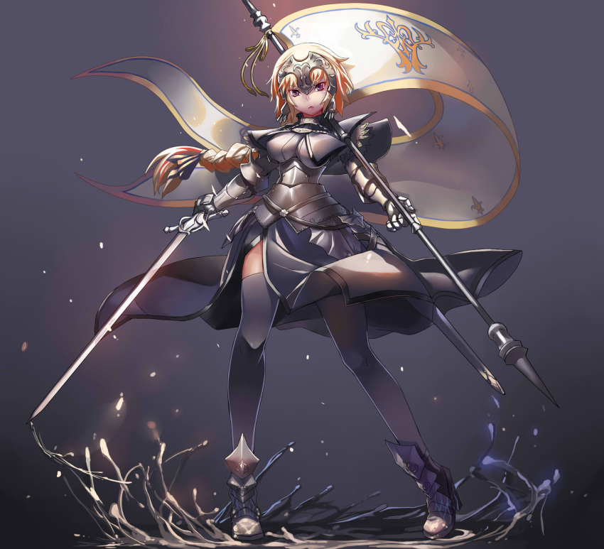 1girl armor armored_dress blonde_hair braid ceda_(dace) dress fate/apocrypha fate_(series) gauntlets headpiece highres jeanne_d'arc long_hair ruler_(fate/apocrypha) single_braid solo sword thigh-highs violet_eyes weapon