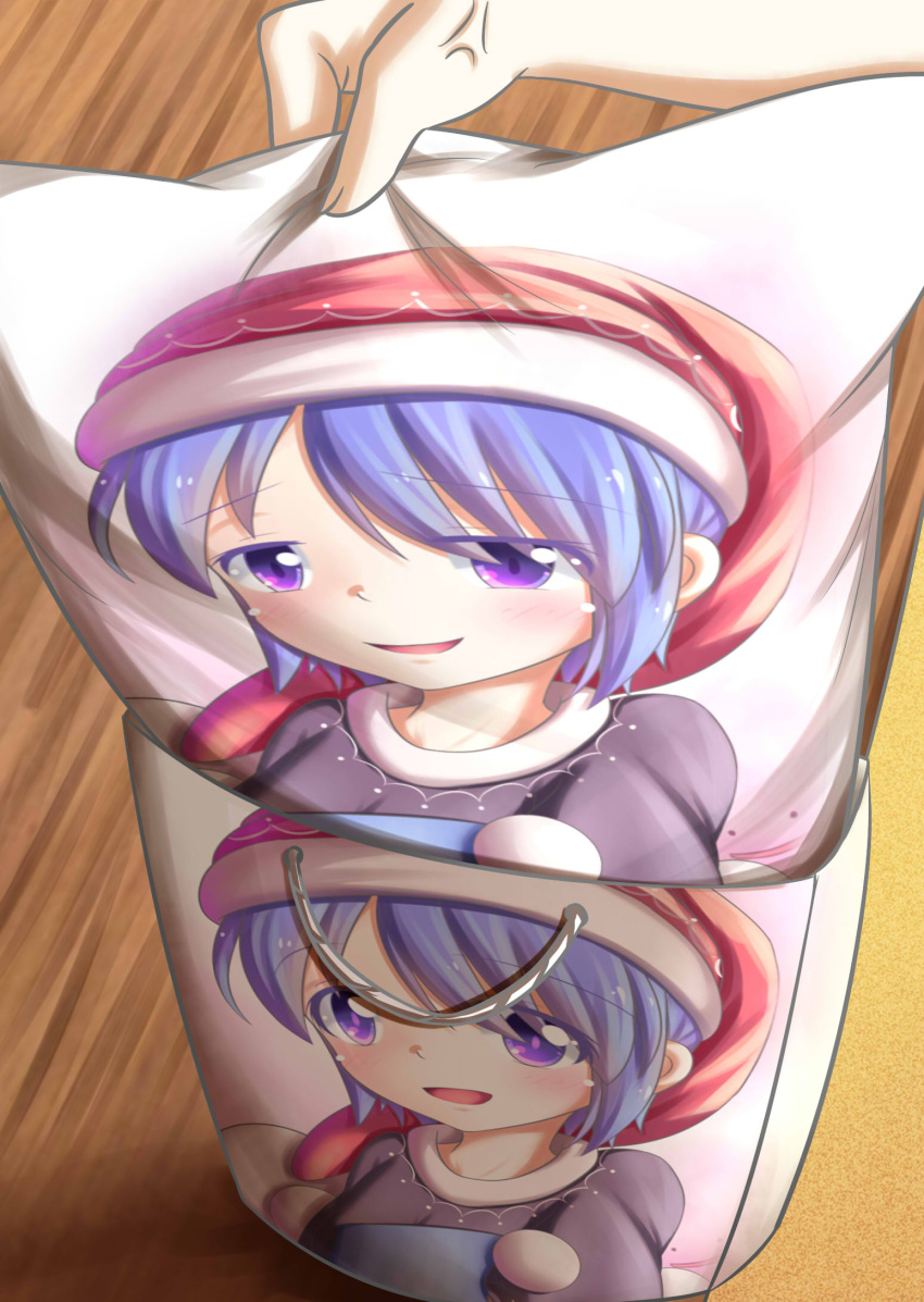 :d bag blue_eyes blue_hair book dior-zi doremy_sweet dress hands hat highres nightcap open_mouth pillow pom_pom_(clothes) smile smug touhou