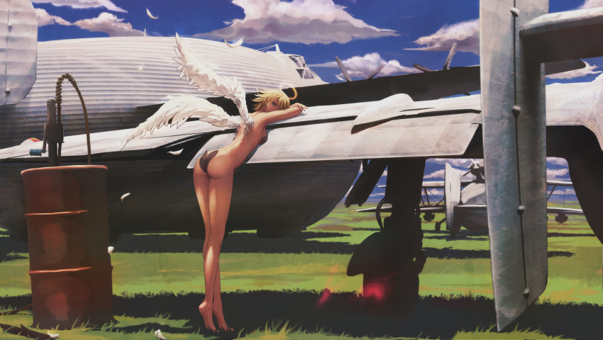 1girl absurdres airplane angel angel_wings ass back bare_legs bare_shoulders barefoot blonde_hair feathers from_behind halo highres looking_back original pandarou scenery short_hair smile solo wings