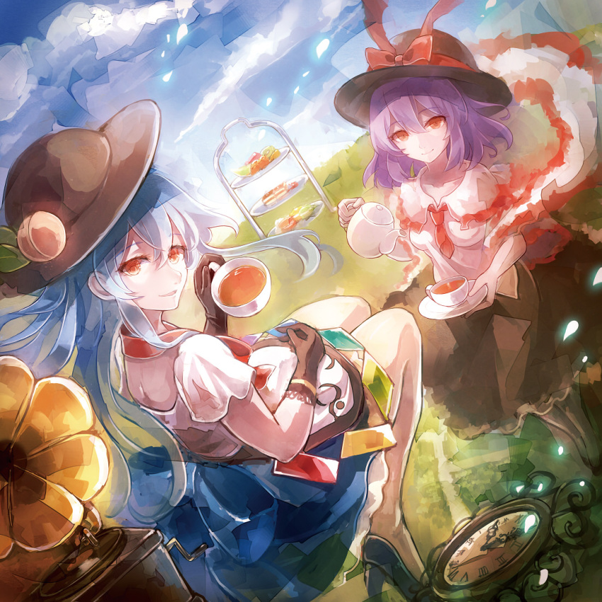 2girls 60mai blue_hair cup food fruit gloves hat hinanawi_tenshi long_hair multiple_girls nagae_iku pastry peach purple_hair red_eyes short_hair teacup touhou