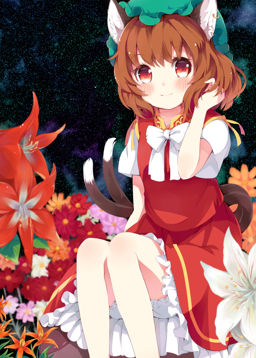 1girl absurdres animal_ears bloomers blush bow brown_hair cat_ears cat_tail chen field flower flower_field frilled_skirt frills hat highres japa jewelry looking_at_viewer mob_cap multiple_tails red_eyes shirt short_hair short_sleeves single_earring sitting skirt skirt_set smile solo star_(sky) tail touhou underwear vest