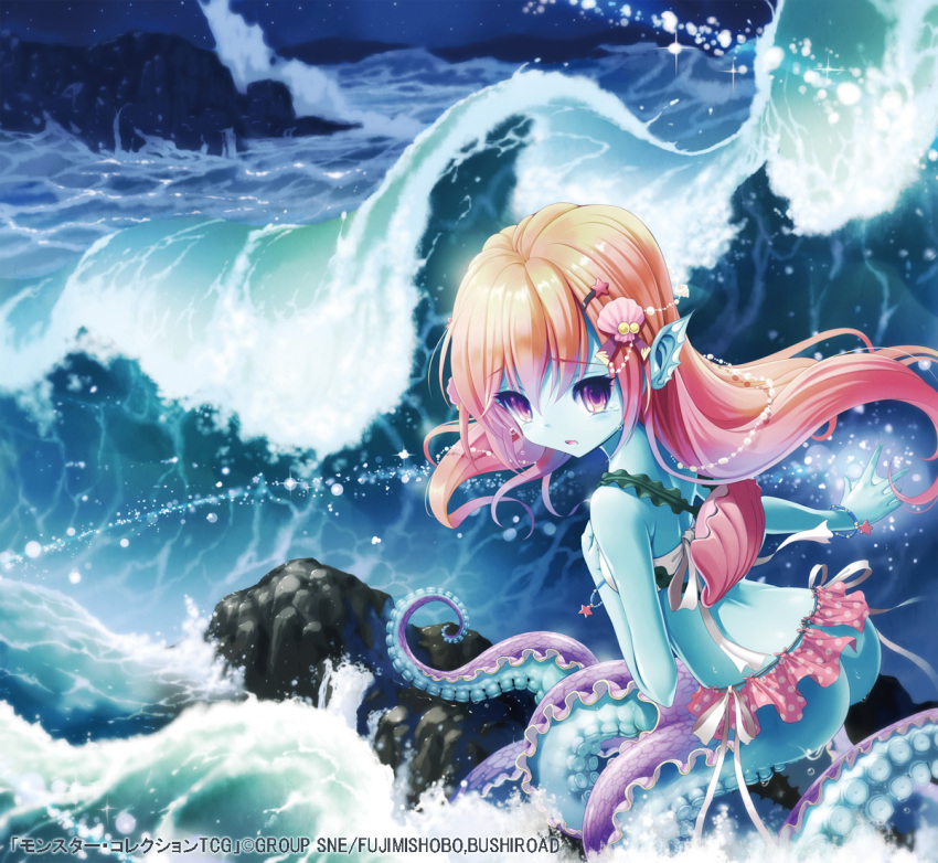 1girl ass bikini_top blue_skin bracelet brown_hair from_behind hair_ornament hairclip jewelry kankurou long_hair looking_back monster_girl ocean original pointy_ears rock seashell shell sitting solo tears tentacles violet_eyes water waves