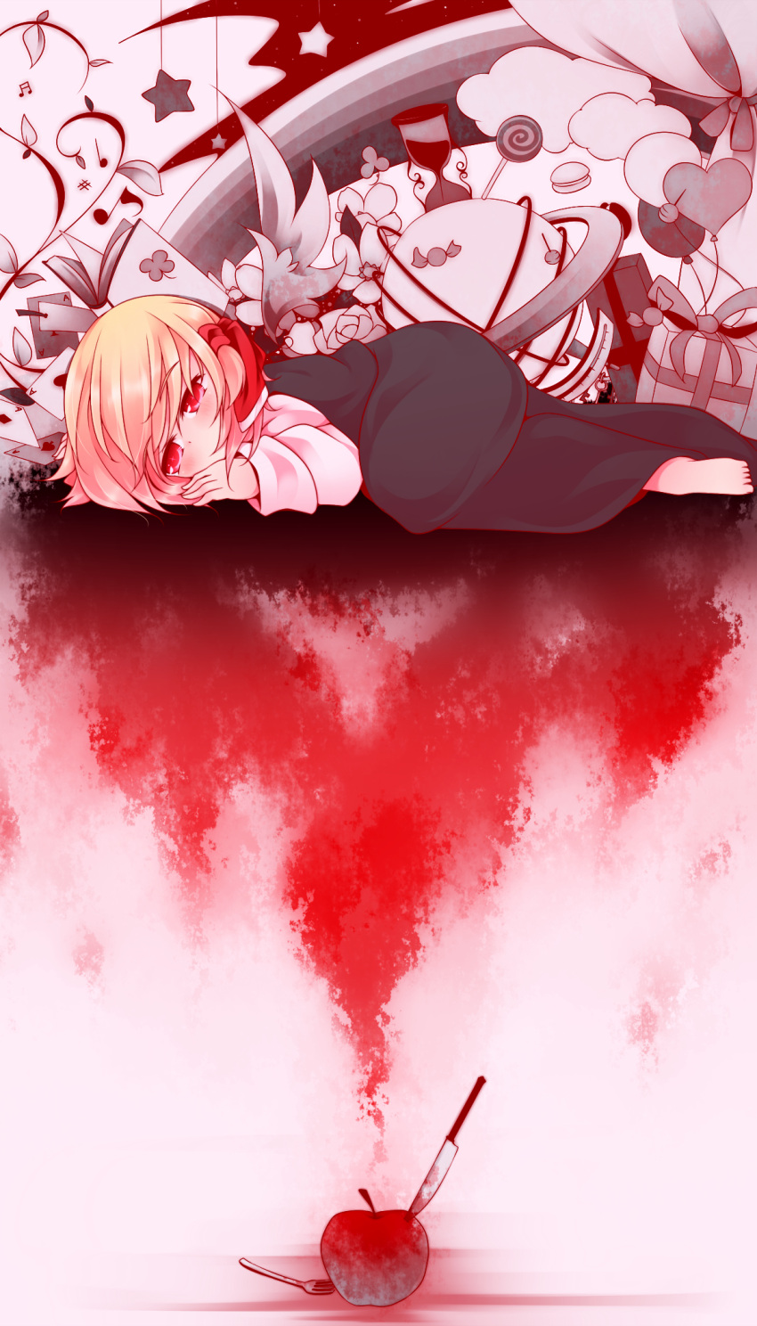 1girl ace_of_clubs ace_of_diamonds ace_of_hearts ace_of_spades apple barefoot blonde_hair book box candy card flower food fork fruit gift gift_box globe hair_ribbon highres hourglass knife kuroyume_(dark495) lollipop lying monochrome_background musical_note playing_card red_eyes ribbon rumia shirt short_hair skirt touhou vest