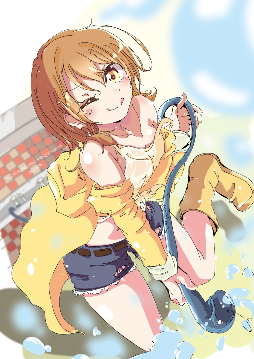1girl ;q aloe_(artist) bare_shoulders boots brown_eyes brown_hair character_name copyright_name denim denim_shorts highres hose isshiki_iroha off_shoulder one_eye_closed shorts smile solo tank_top tongue tongue_out water wet wet_clothes yahari_ore_no_seishun_lovecome_wa_machigatteiru.