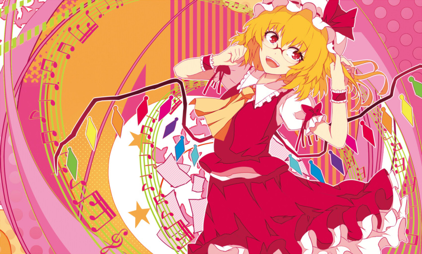 1girl ascot bespectacled blonde_hair chiruru96 crystal fangs flandre_scarlet frilled_skirt frills glasses hat hat_ribbon looking_to_the_side mob_cap musical_note open_mouth puffy_sleeves red_eyes ribbon shirt short_hair short_sleeves side_ponytail skirt skirt_set smile solo star striped touhou vertical_stripes vest wings wrist_cuffs