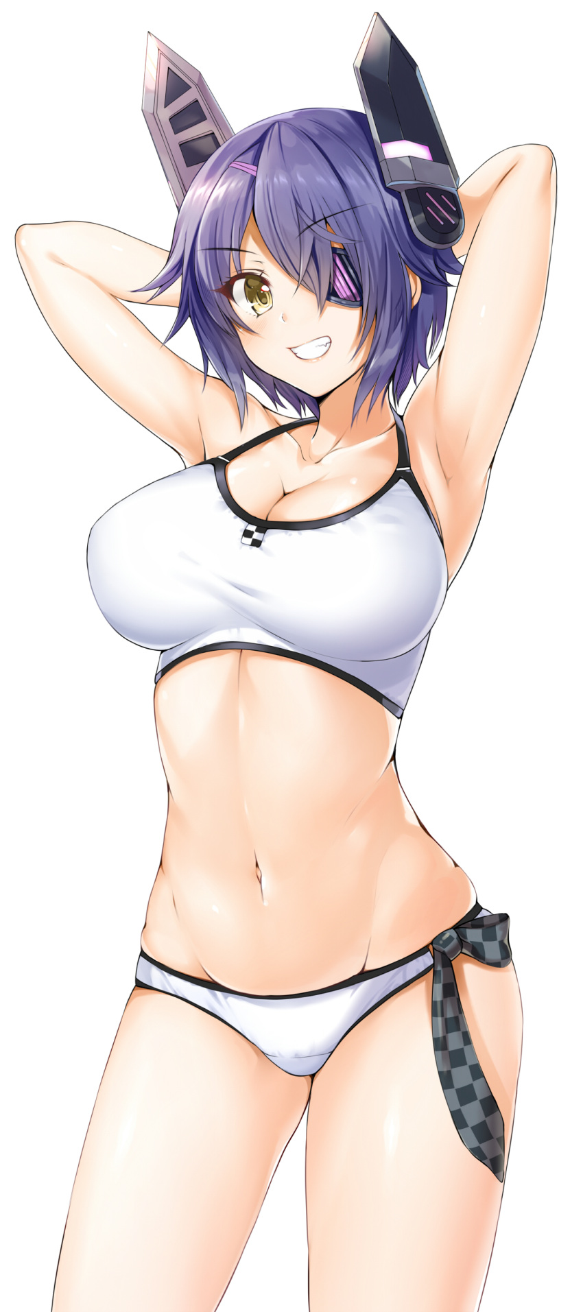 1girl absurdres armpits arms_behind_head arms_up arudehido bikini black_hair breasts cleavage eyepatch grin highres kantai_collection large_breasts looking_at_viewer navel necktie revision short_hair simple_background smile solo swimsuit tenryuu_(kantai_collection) white_background white_bikini white_swimsuit yellow_eyes