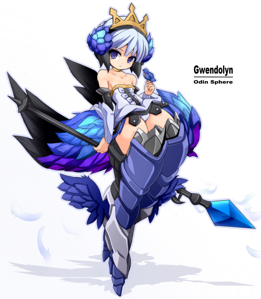 1girl arm_warmers armor armored_dress bare_shoulders bird bird_on_hand boots character_name copyright_name crown expressionless greaves gwendolyn highres karukan_(monjya) microskirt odin_sphere panties pantyshot pantyshot_(standing) polearm shadow short_hair skirt solo spear standing thigh-highs thigh_boots underwear violet_eyes weapon white_background white_hair white_panties wings