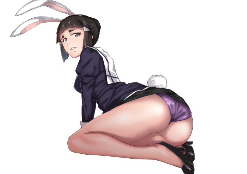 1girl animal_ears ass bad_anatomy black_hair bunny_tail eyebrows high_heels jack_hamster legs looking_at_viewer myoukou_(kantai_collection) no_legwear rabbit_ears short_hair simple_background solo tail thighs white_background