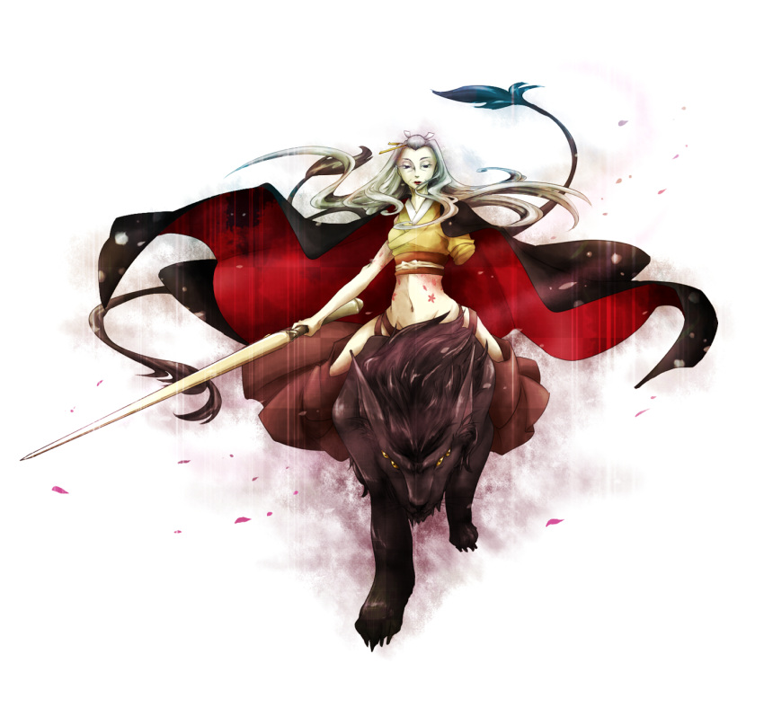 1girl amputee grey_hair hakama highres japanese_clothes long_hair looking_at_viewer makeup midriff monster old_woman pixiv_fantasia pixiv_fantasia_5 riding sanctuary-of-apricot sash serious solo sword tattoo very_long_hair weapon wide_hips