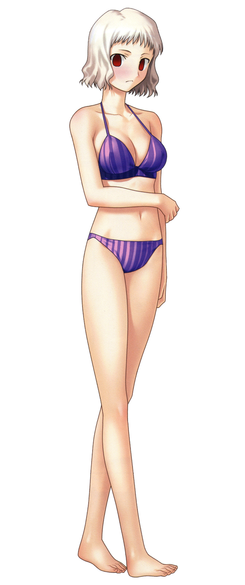 1girl absurdres bikini blush breasts cleavage fate/stay_night fate_(series) highres leysritt looking_at_viewer navel official_art purple_bikini red_eyes solo striped striped_bikini striped_swimsuit swimsuit transparent_background white_hair