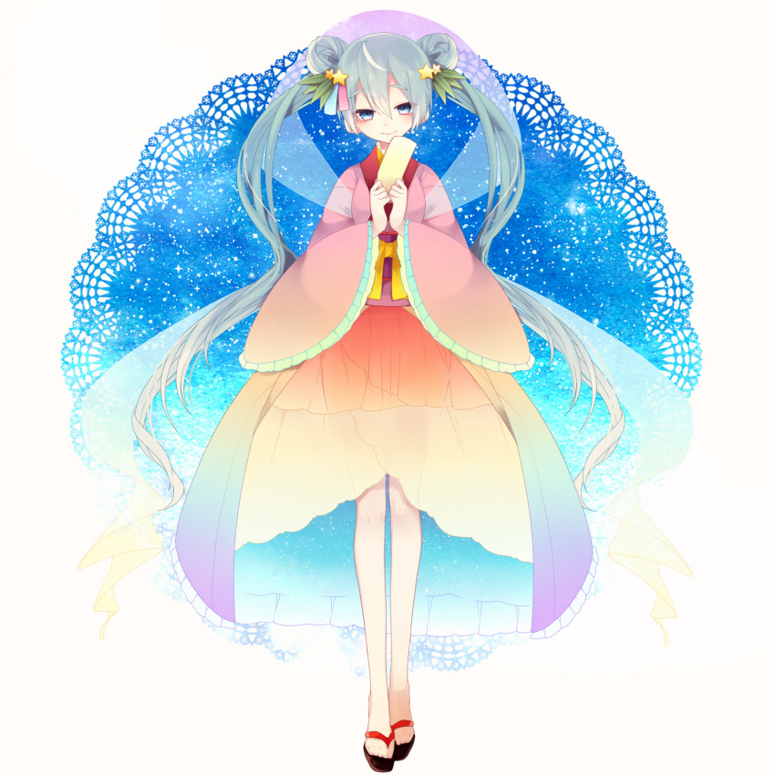 1girl aqua_hair blue_eyes double_bun hatsune_miku head_tilt highres long_hair ponita sandals solo tanabata twintails very_long_hair vocaloid